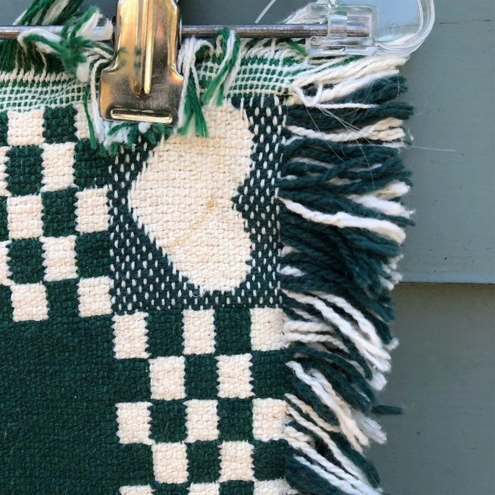 Woven table runner doily heart tree checkerboard country pattern fringe green